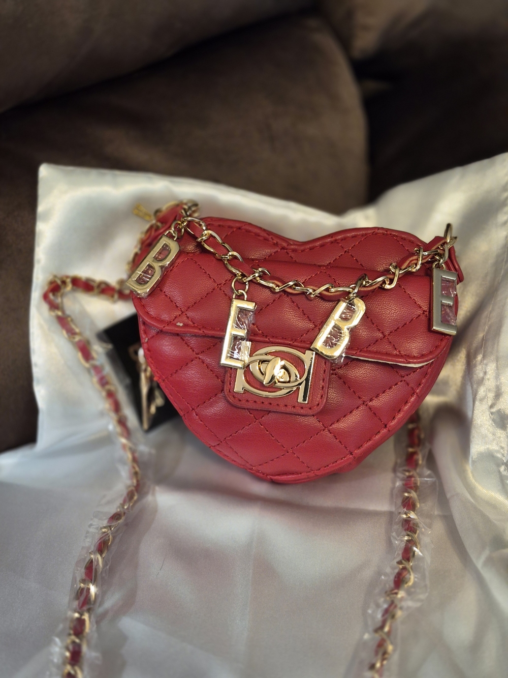 Red Quilted Heart Shoulder Bag with Gold Hardware
